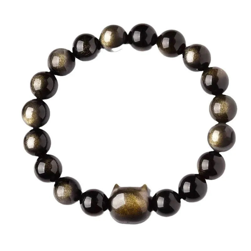 Natural obsidian cat head bracelet with round polished beads, gold or silver style accessory, 8mm or 10mm unisex