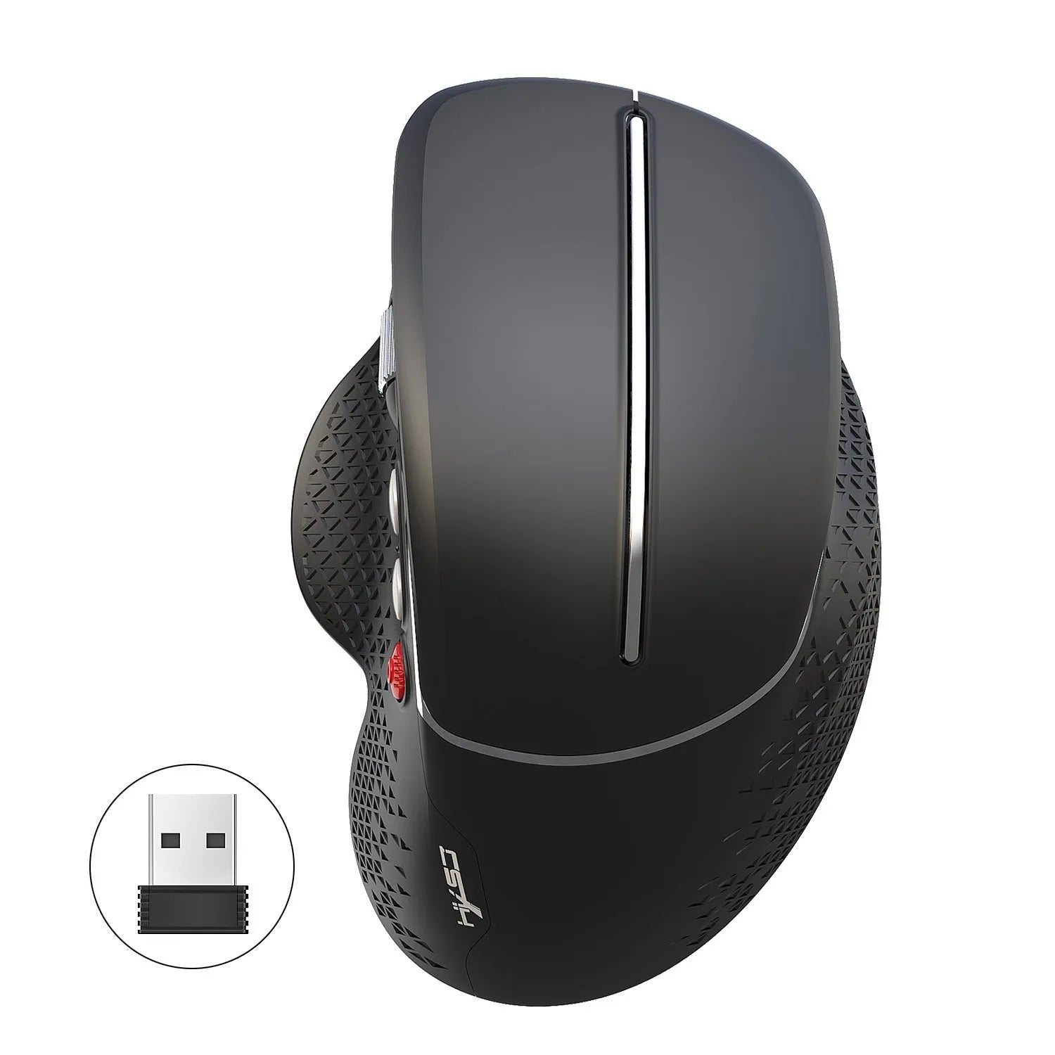T32 black and silver wireless vertical ergonomic mouse with aluminium side roller on a desk.