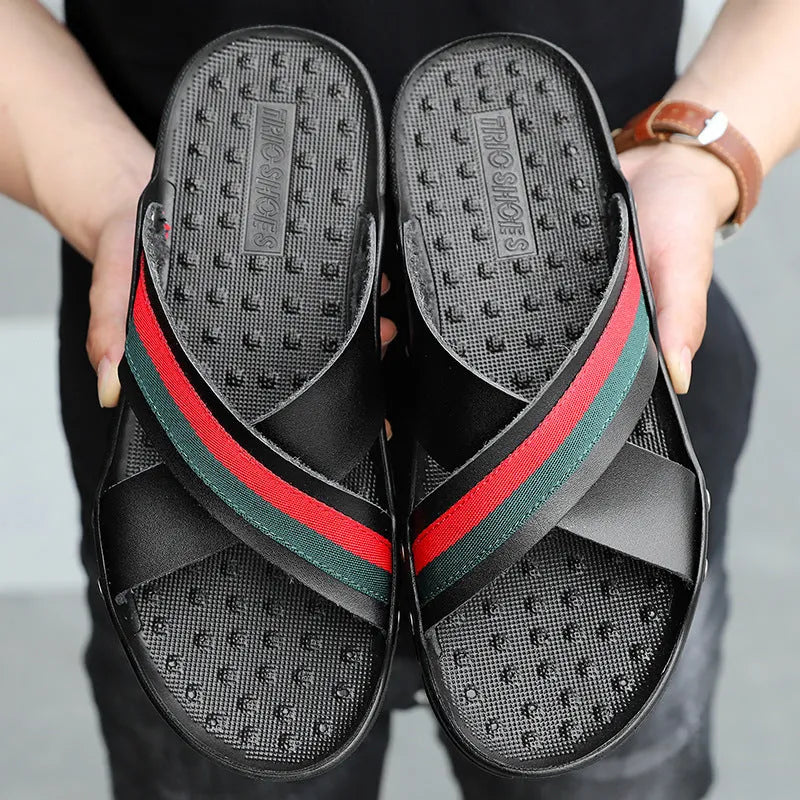 Men's cowhide leather beach flip-flop sandals in black, blue, or white with non-slip PU sole