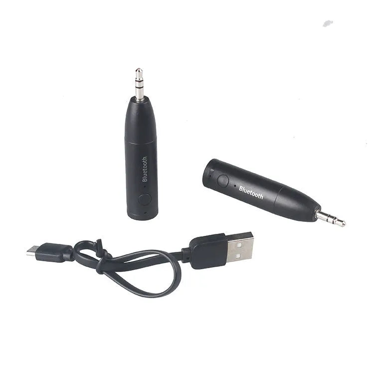 Black car AUX Bluetooth audio receiver with 3.5mm jack for wireless music streaming to car stereos