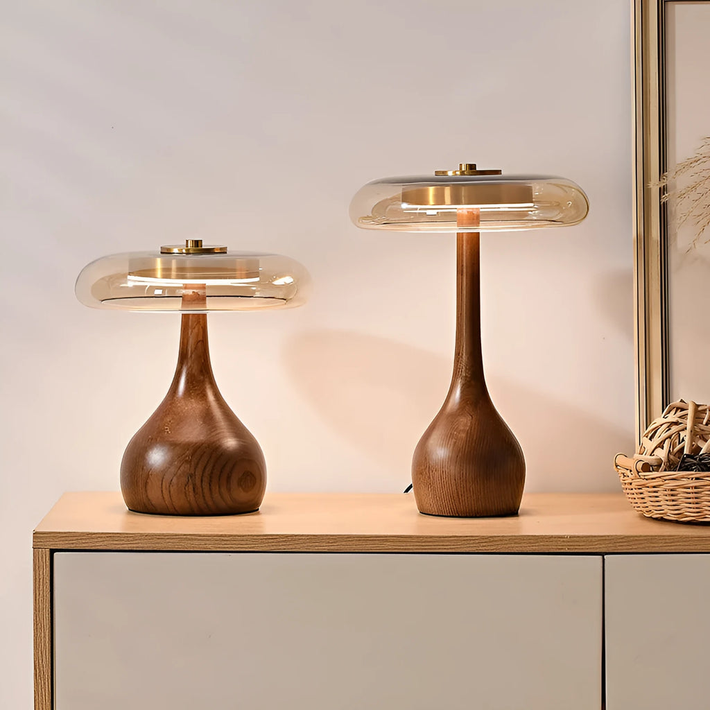 Solid wood Japanese retro bedside lamp with polished ash wood cognac shade and metal holder, low voltage