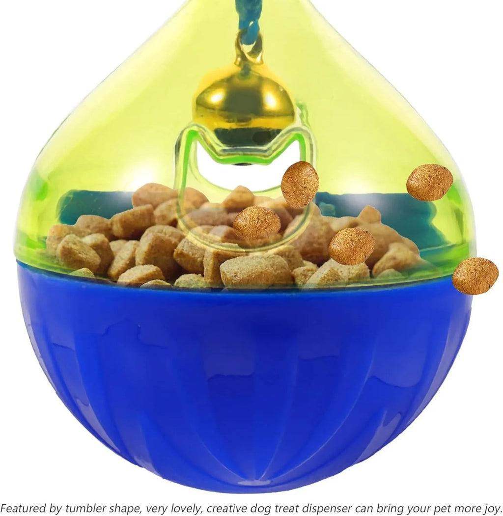 Blue tumbler-shaped interactive treat dispenser ball for dogs and cats on a wooden floor