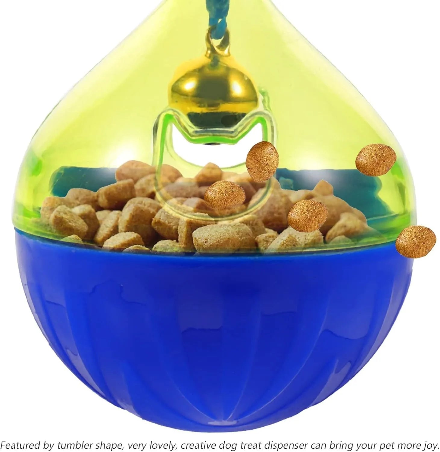 Blue tumbler-shaped interactive treat dispenser ball for dogs and cats on a wooden floor
