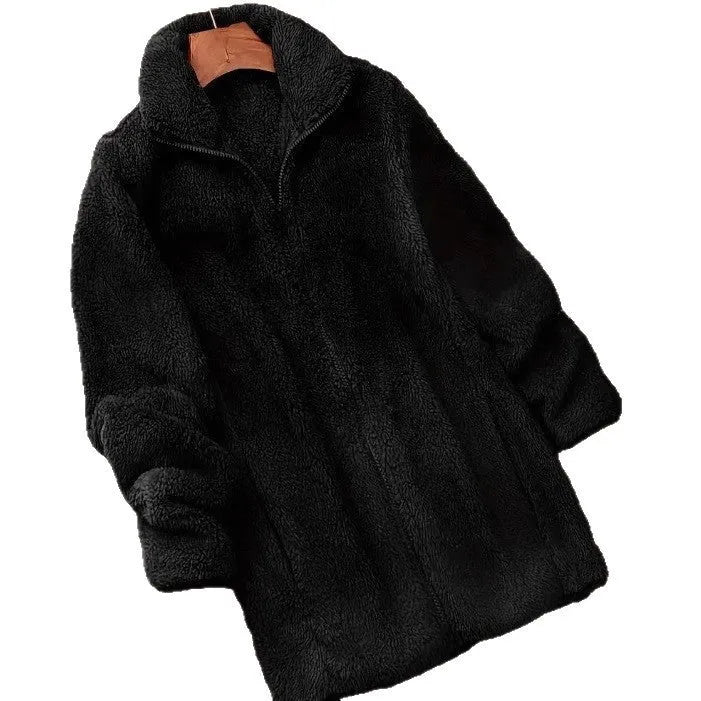 Double-sided velvet fleece jacket in khaki, shown on a hanger, with a full fleece lining visible.