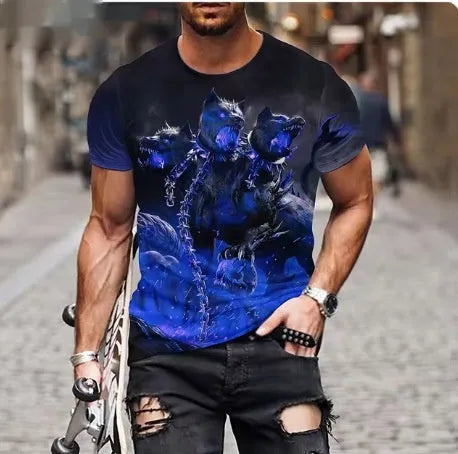 Men's black T-shirt with detailed 3D fierce lion graphic print on chest