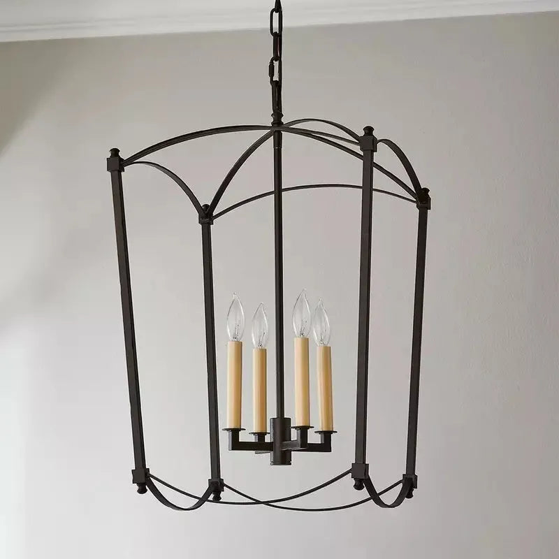 4-head iron droplight ceiling lamp in gold foil finish on a white ceiling with simple villa stair setting