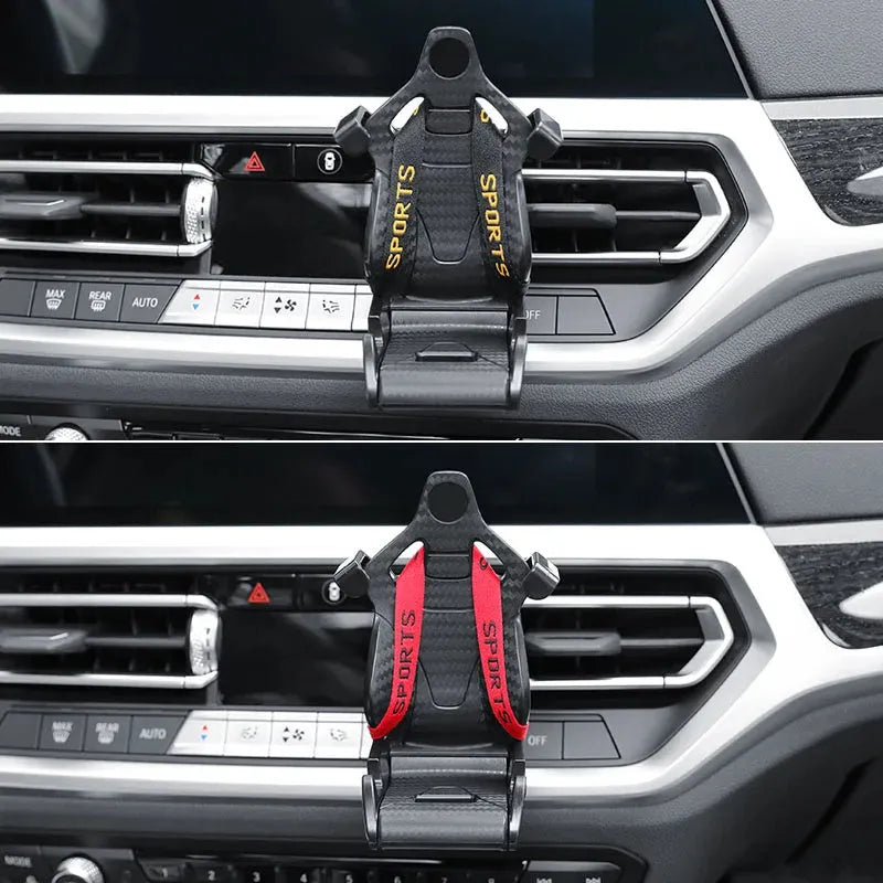 Racing seat shape car phone holder clipped to a car air vent with a gold tape colour finish