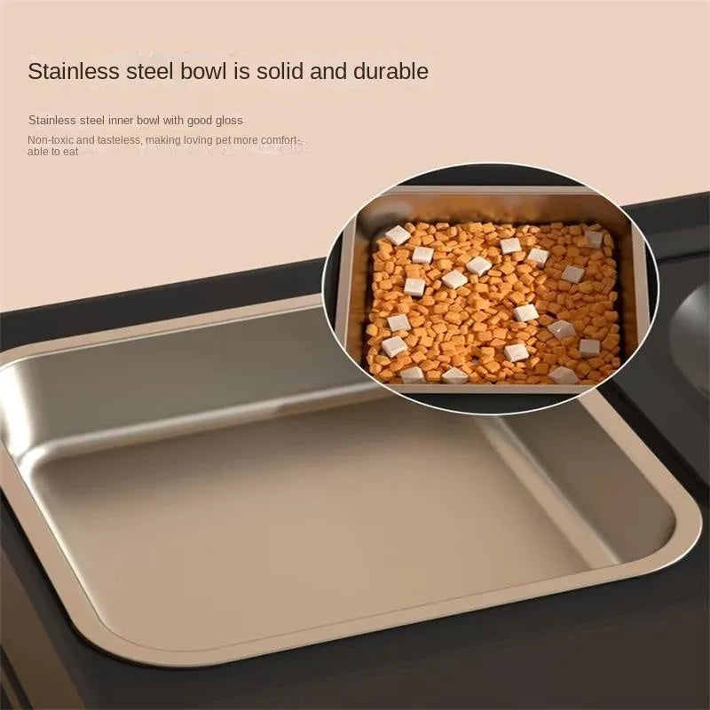 Adjustable dog feeding stand with two stainless steel bowls, set to medium height, black and grey colour