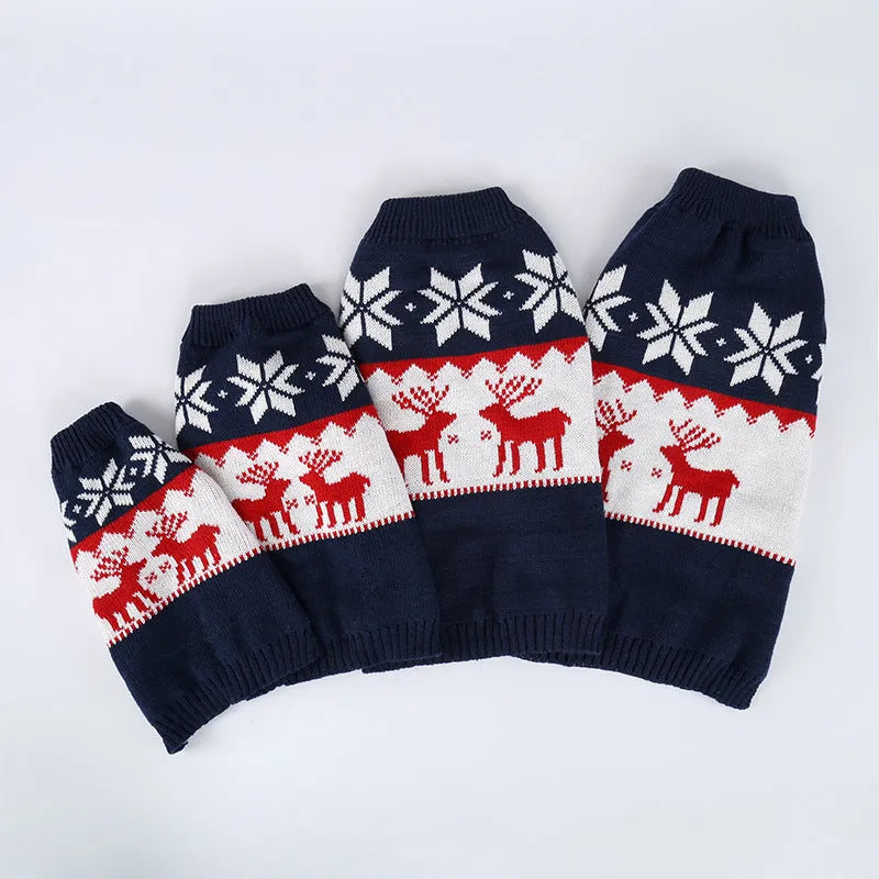 Navy blue knitted Christmas sweater for dogs on model showing European American style