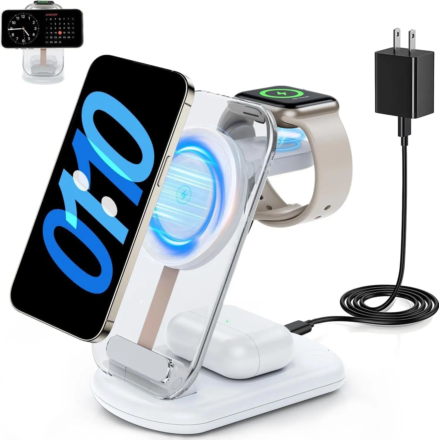 Transparent folding three-in-one magnetic wireless charger showing internal electronic components