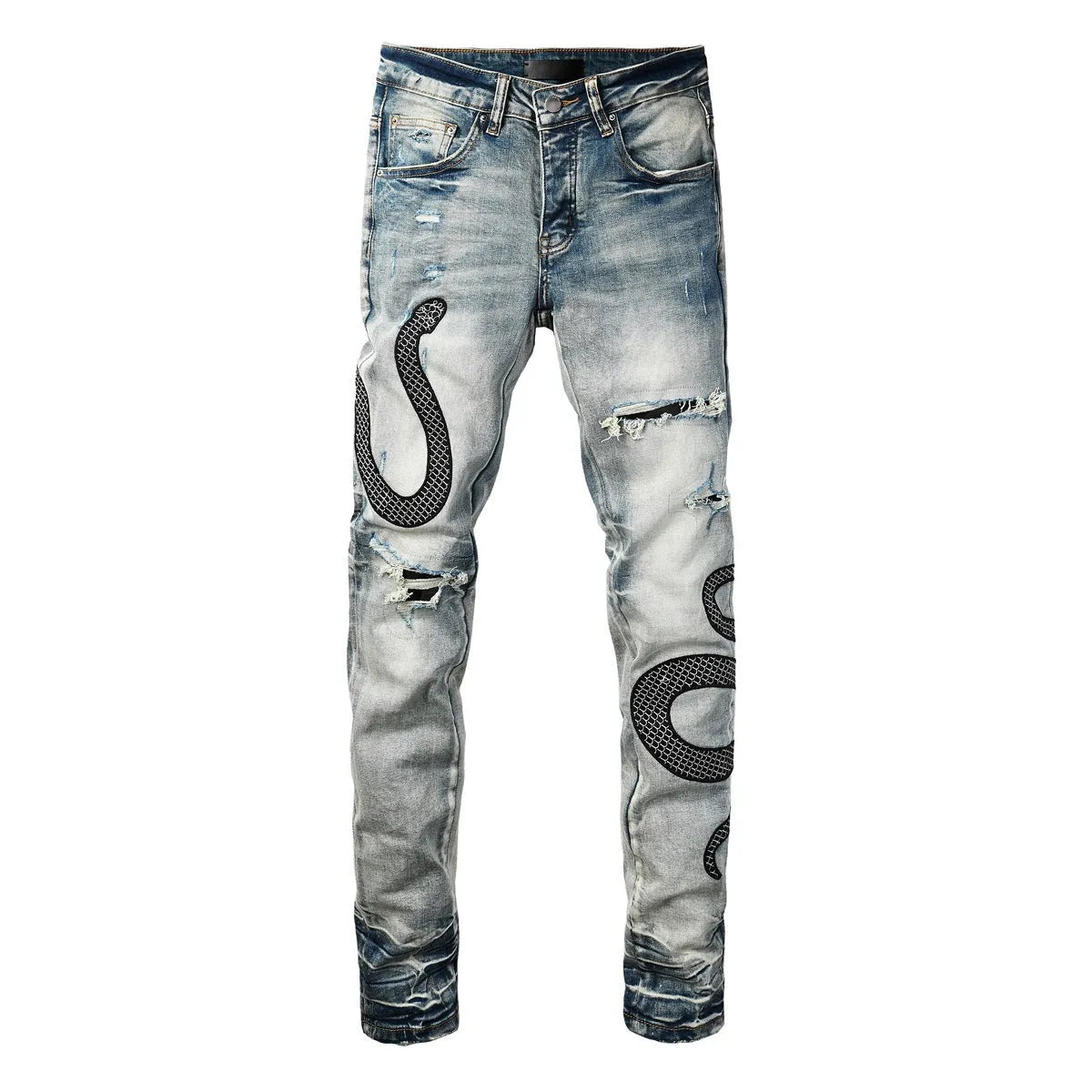 Blue distressed wash skinny jeans with a button fly and elasticated mid-rise waistband on a mannequin.