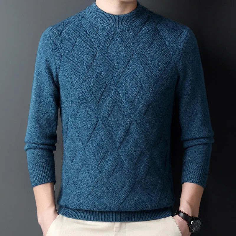 Men's grey diamond jacquard knit wool blend pullover sweater on a hanger.