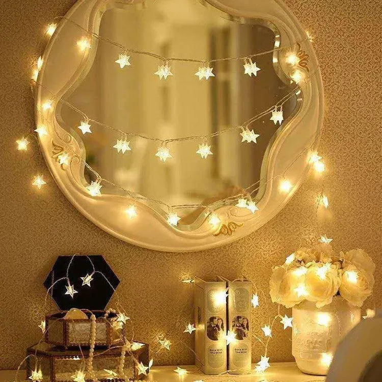 LED star light string with 20 warm white lights on 3m cable, glass shells, outdoor holiday decoration
