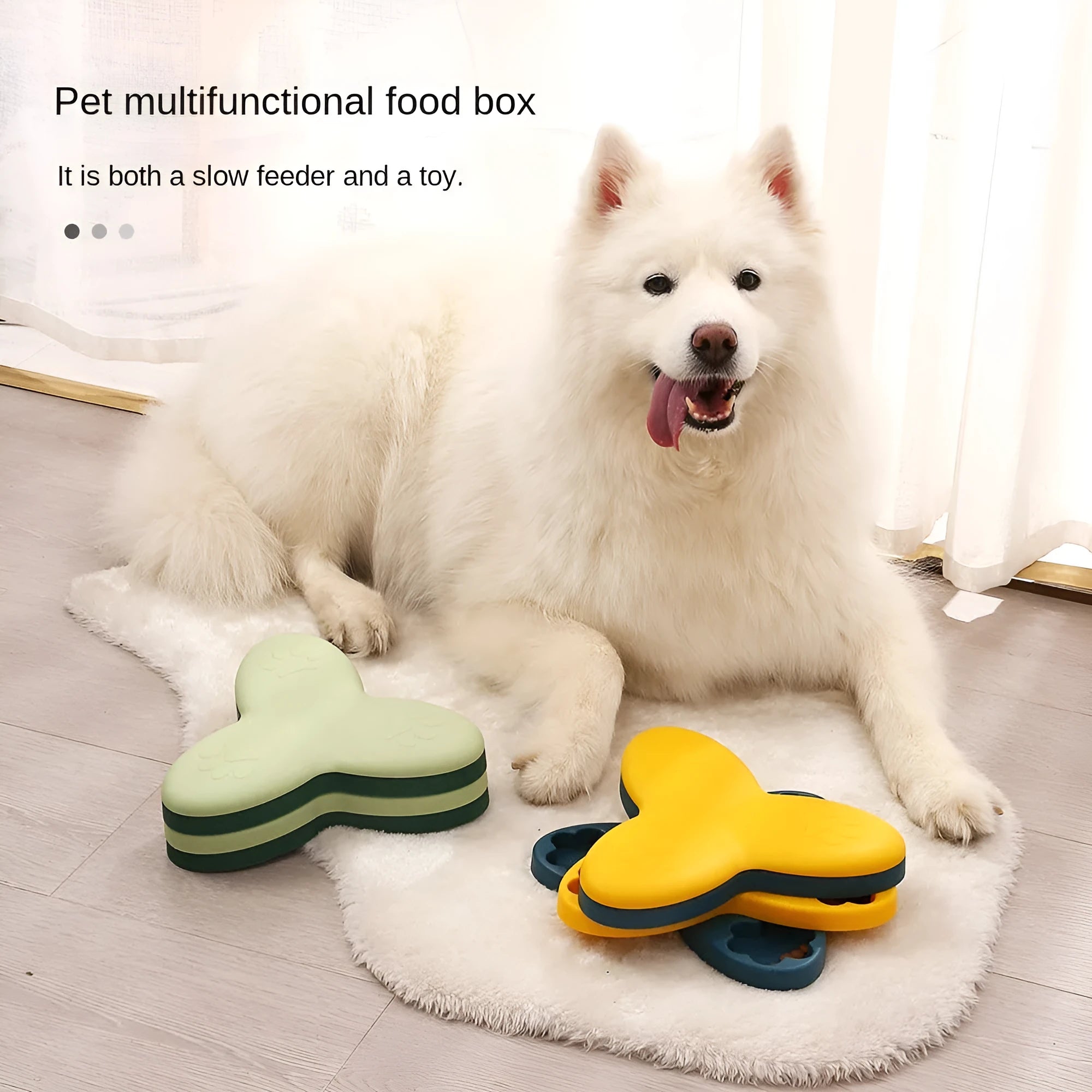 Dog puzzle toy slow feeder with nine compartments and bone covers, green, on non-slip base