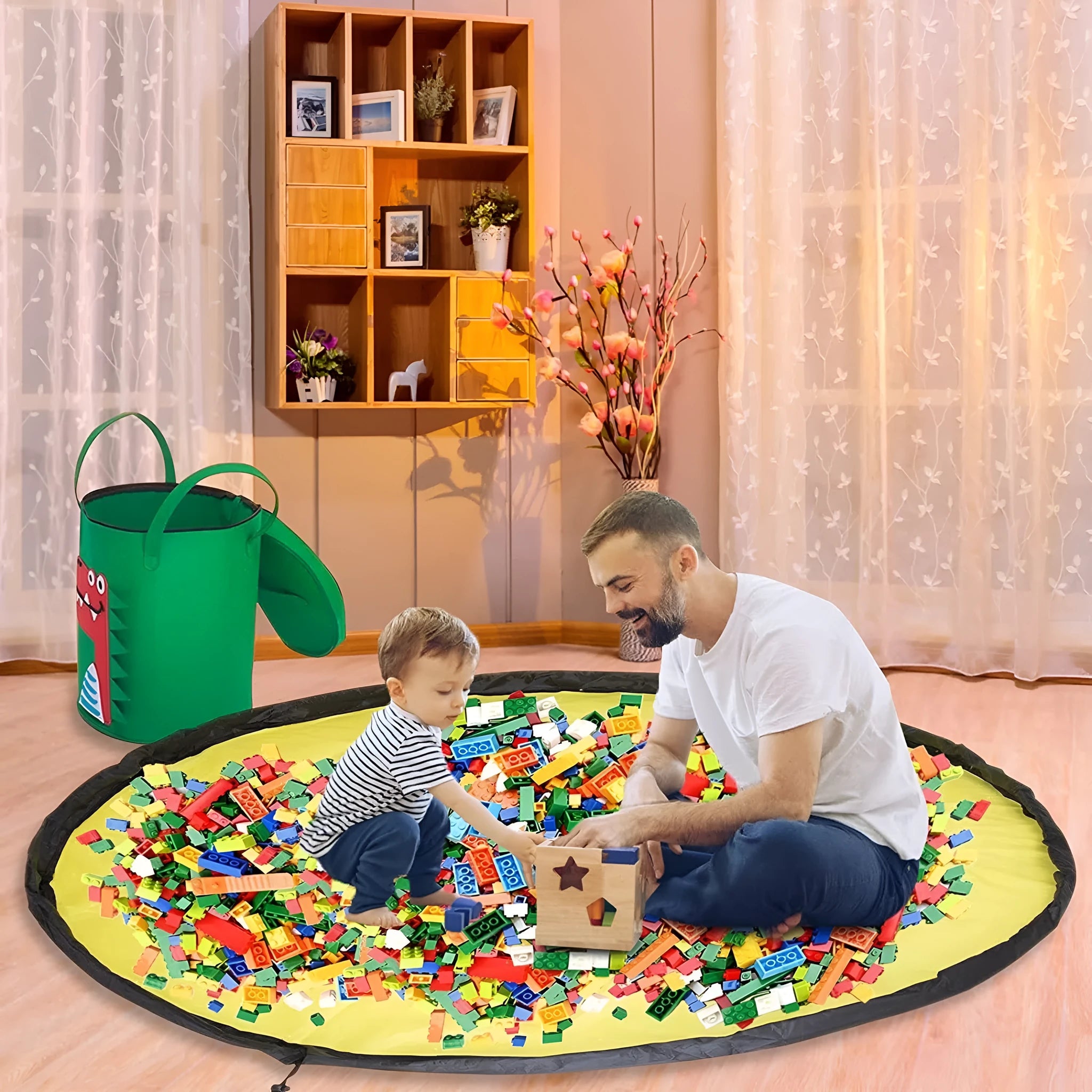 Green felt cube storage bag with pull rope shown as toy organiser and unfolded play mat