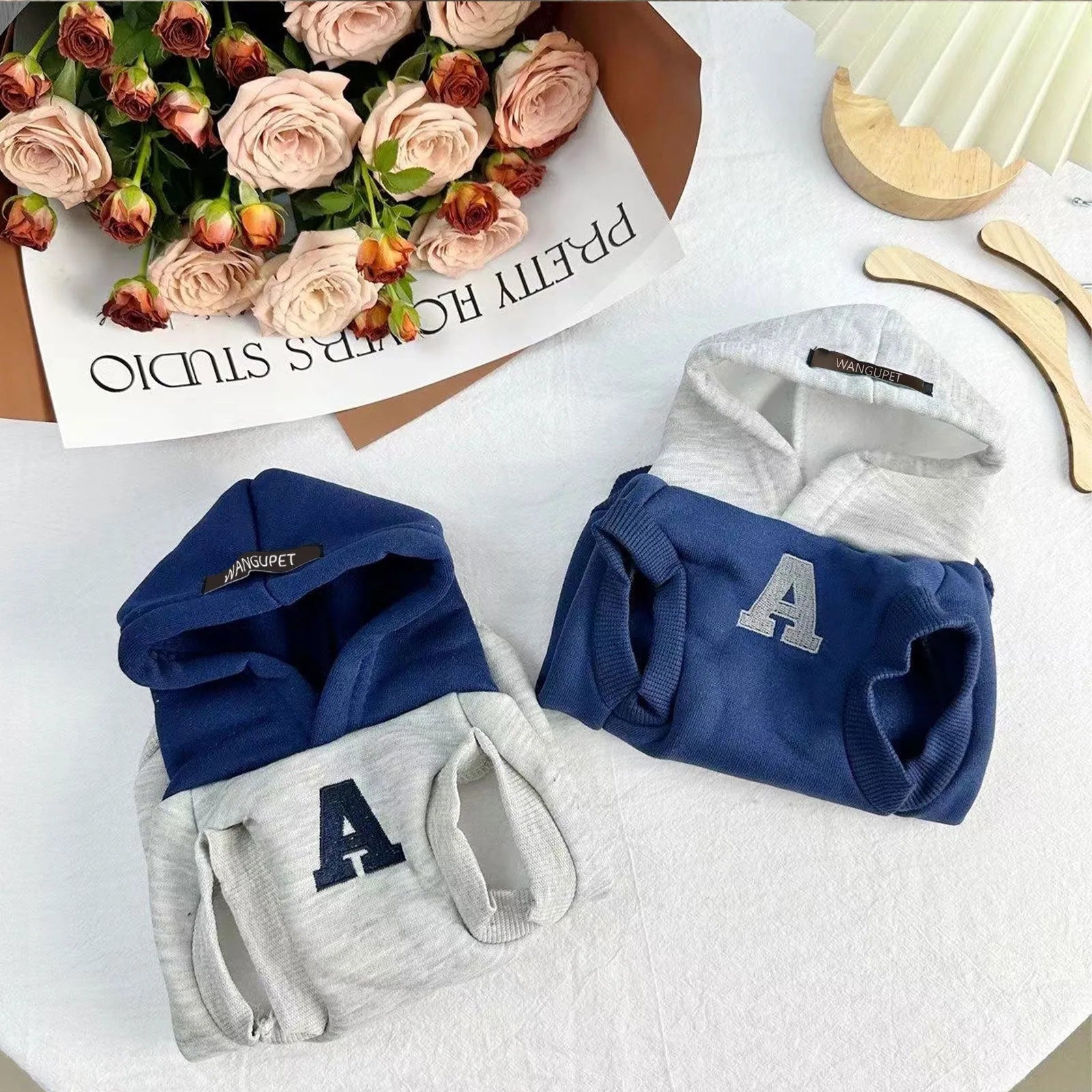 Blue and grey-white slim-fit pet hoodie with reflective letters for dogs and cats