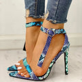 Blue snake print women's buckle heels with hollow-out design and pointed toe