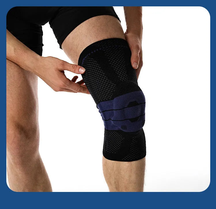 Adult black and blue sports kneepad made of nylon and spandex for basketball and running