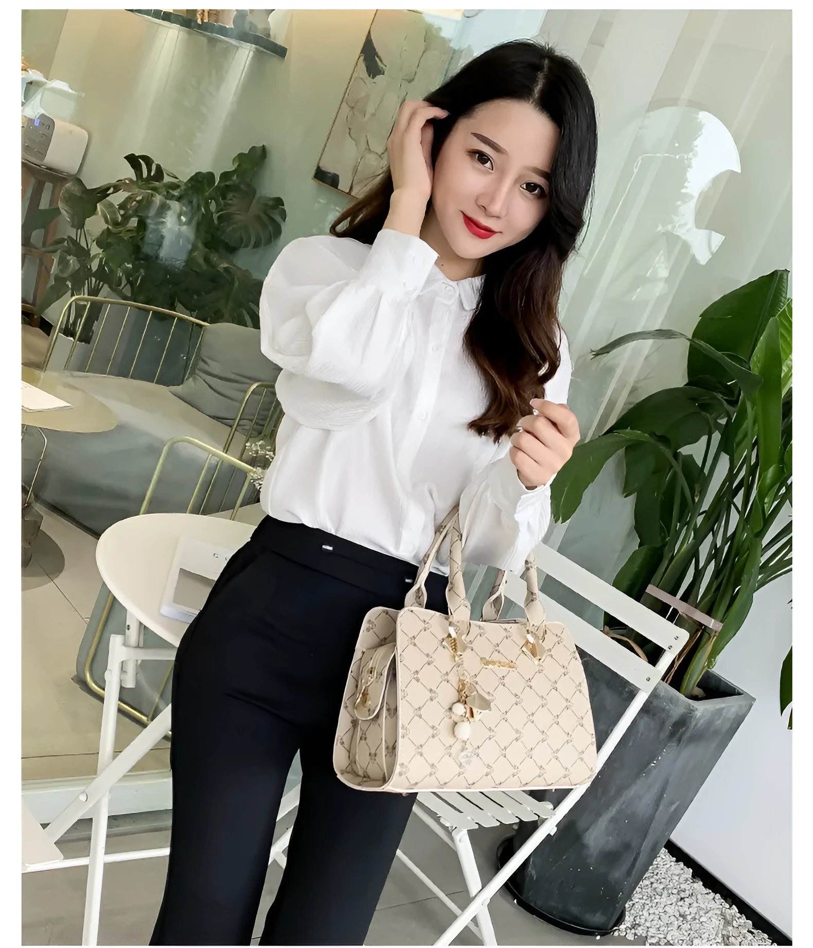 Women's geometric print PU leather messenger bag with multiple internal compartments including card slots and phone pocket