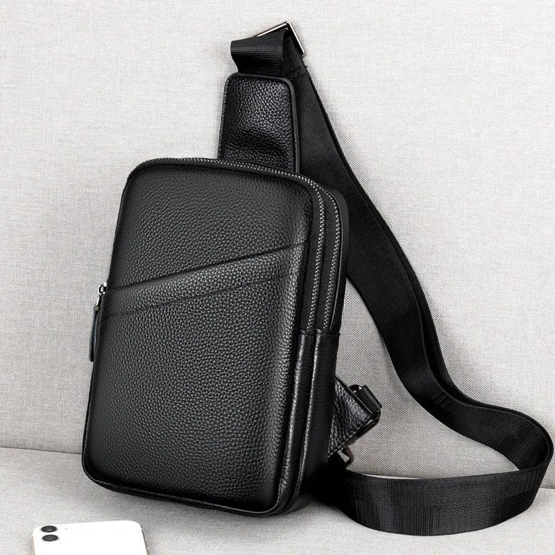 Men's genuine leather crossbody shoulder bag with breathable back in brown, diagonal pocket version
