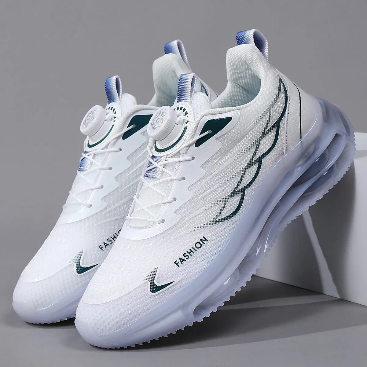 White rotating button lace casual trainers with mesh upper and rubber sole