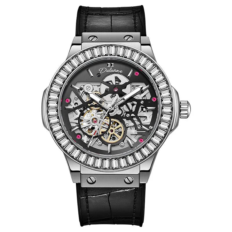 Men's automatic mechanical watch with hollow design and diamond studs, white shell case