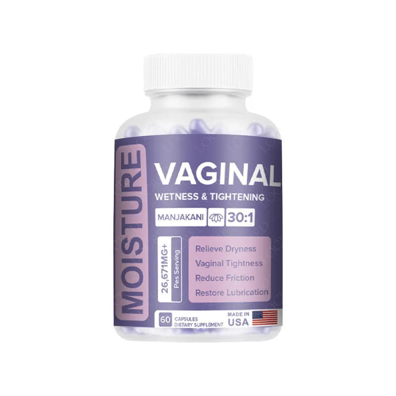 Bottle of 60 vaginal capsules for adult women's intimate care supplement.