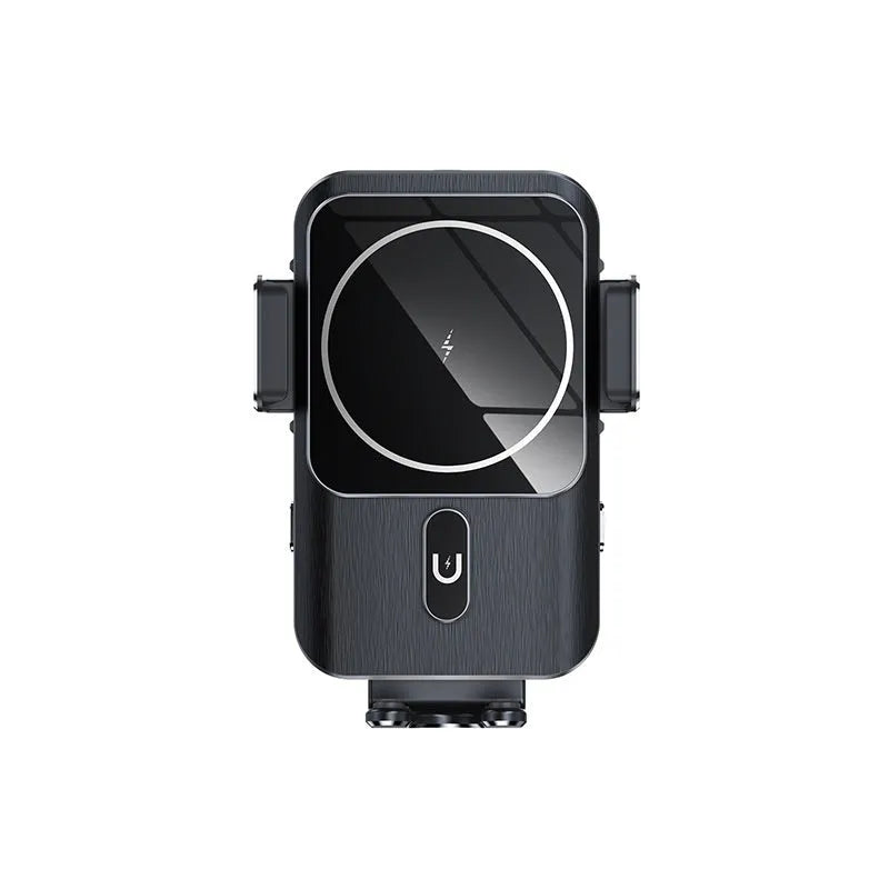 Black car wireless phone charging holder mounted on dashboard with 15W fast charging capability