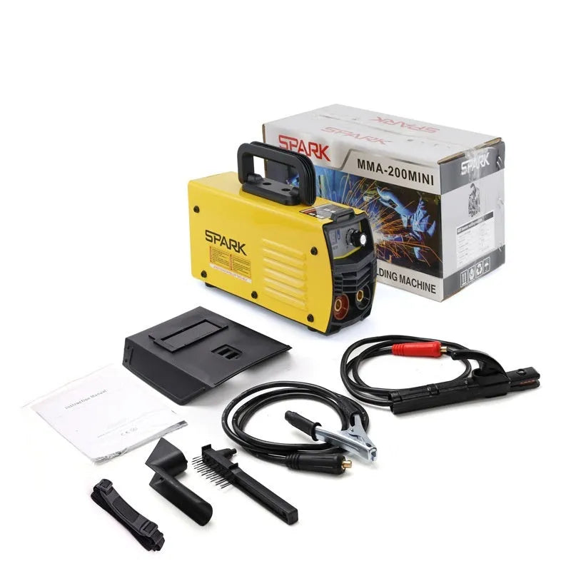 MMA-200MIN 220V DC inverter welding machine with welding tongs, clamps, and face shield