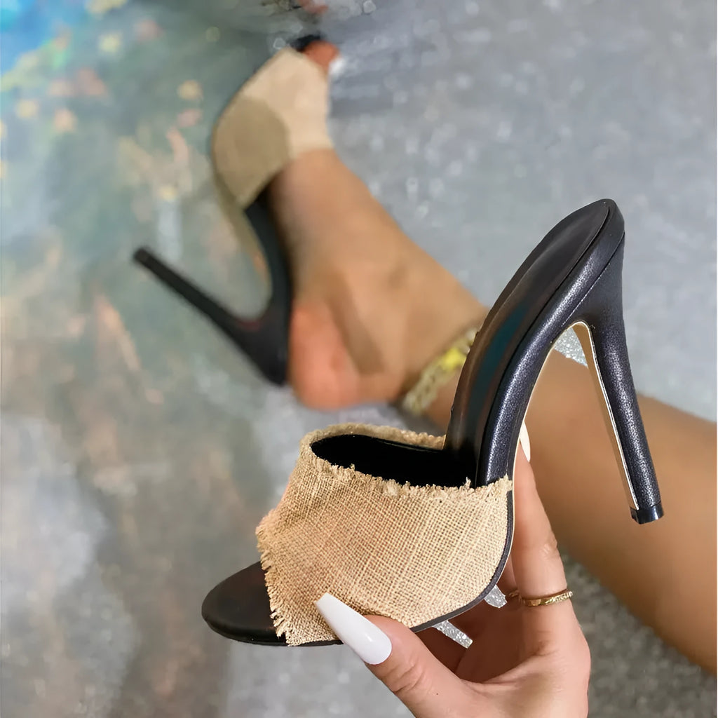 Apricot women's stiletto heel sandals with sheepskin upper and cowhide stitching on a white background