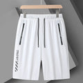 Men's black loose-fit quick-drying nylon sports shorts with a fifth pants length on a white background.
