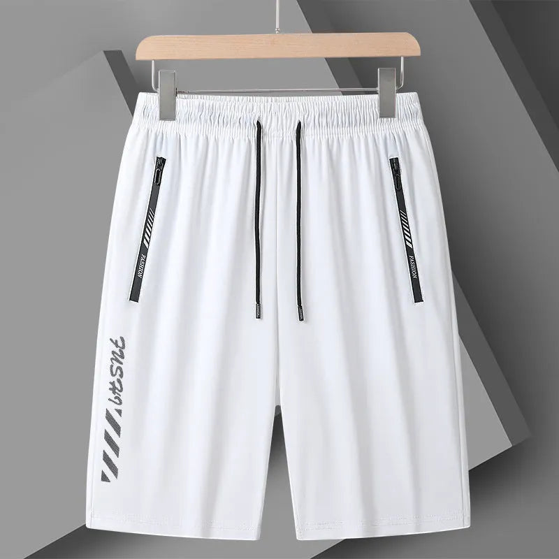 Men's black loose-fit quick-drying nylon sports shorts with a fifth pants length on a white background.