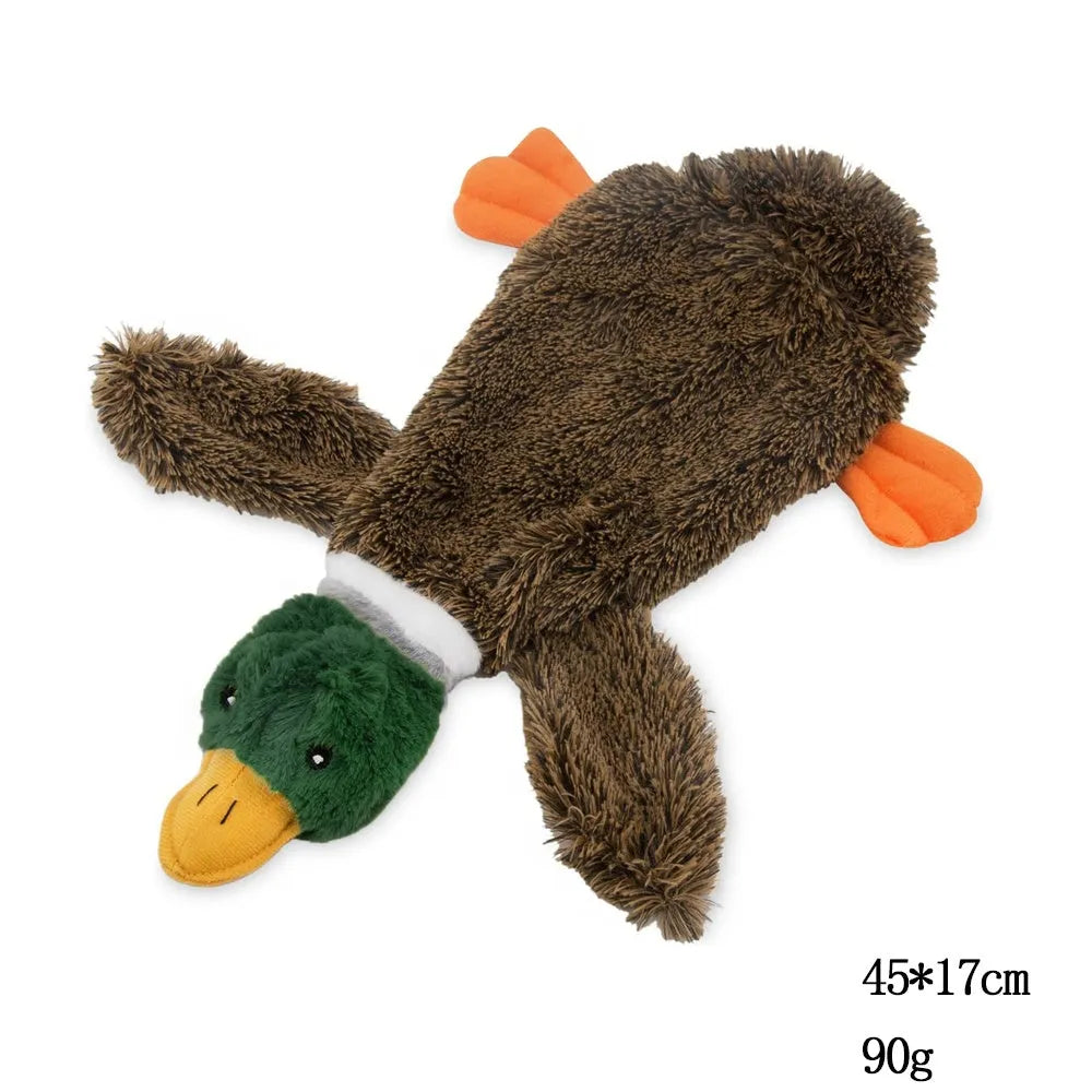 Wild duck design stuffless dog toy with cavity for plastic bottles and two squeakers