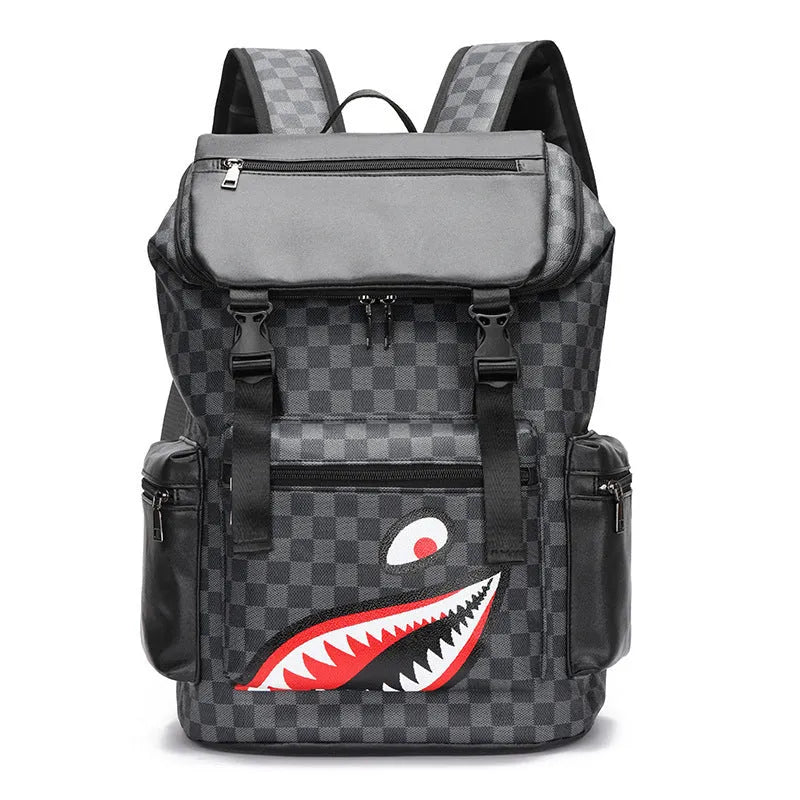 Korean casual checkered printed large capacity PU leather backpack with curved shoulder strap, colour 6622-1 Black