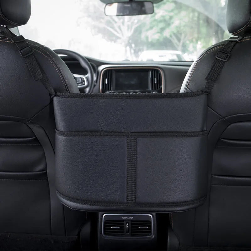 Black leather interseat storage bag for tissues hanging between car front seats, 38x24x15cm