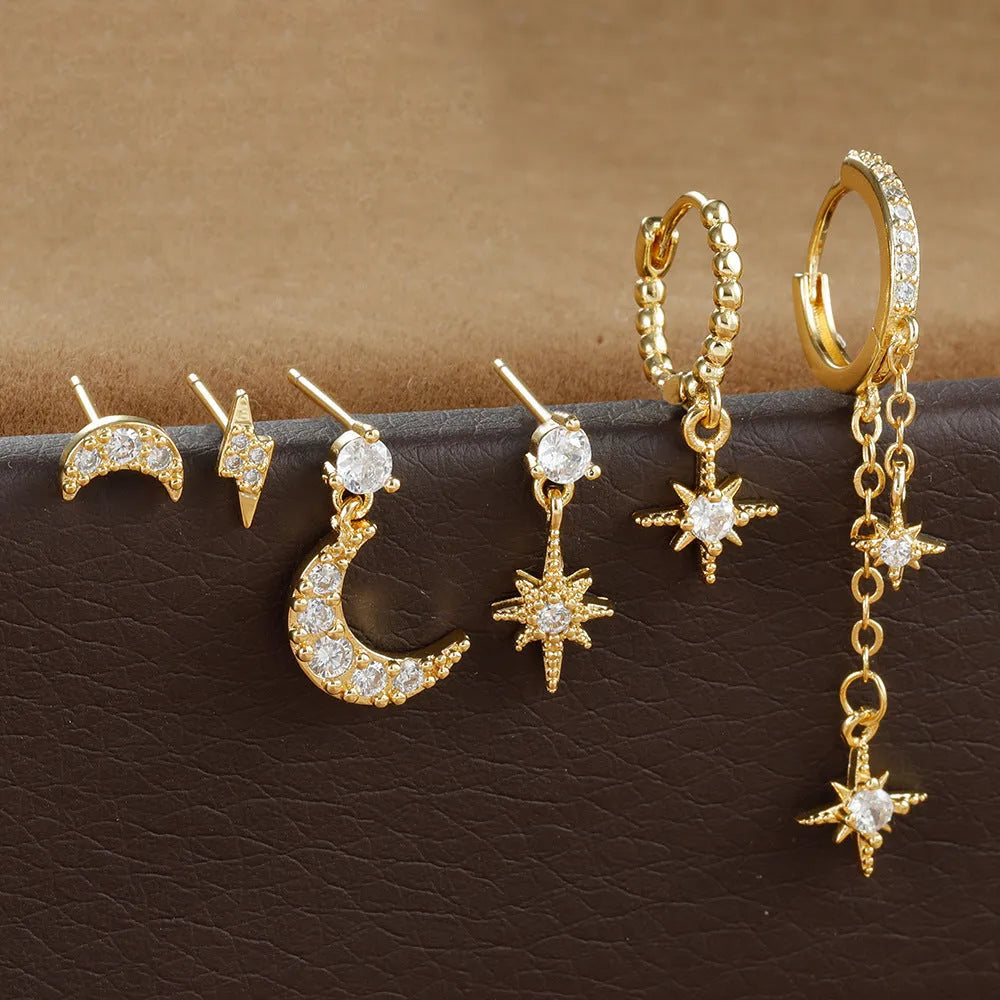 XINGX Six Mans gold electroplated chain tassel earrings six-piece set with zircon studs