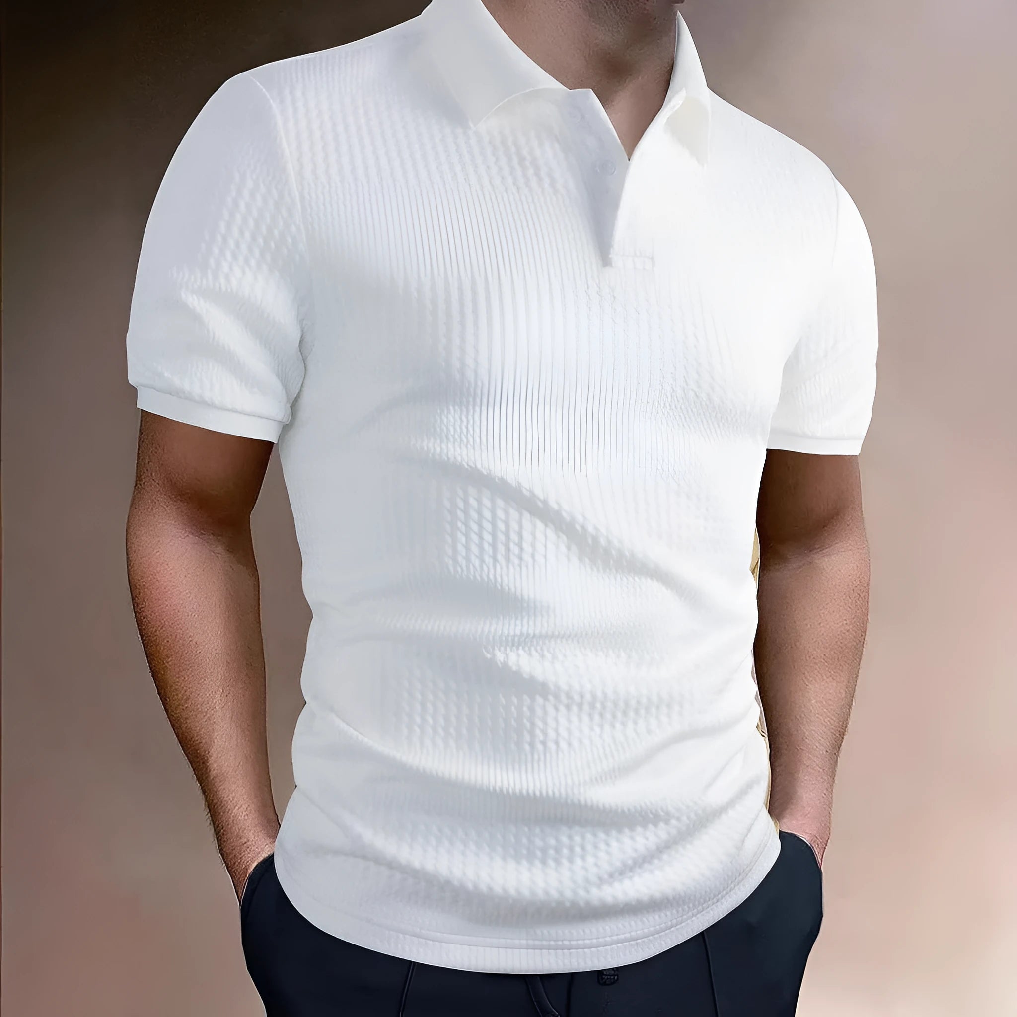 American striped men's polo shirt in loose fit, short sleeves, available in five colours including khaki and navy blue
