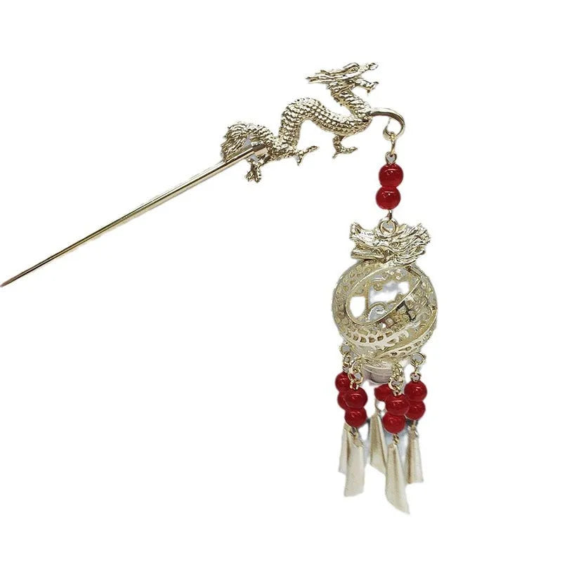 Dragon year luminous lantern hairpin with pearl finish and retro geometric design