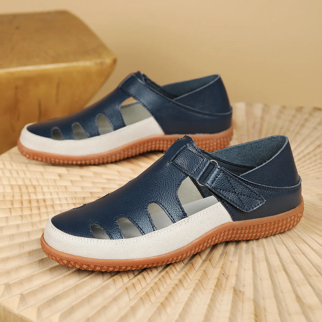 Women's plus size flat heel sandals with hollow toe cap design in blue colour