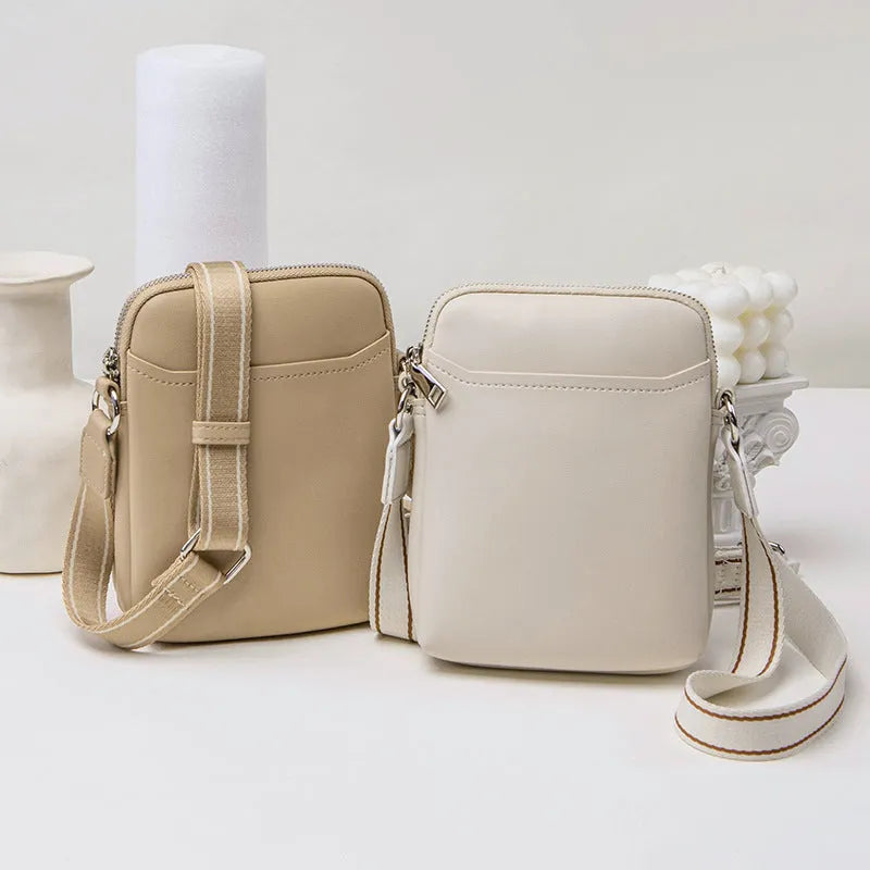Solid colour mobile phone crossbody shoulder bag showing black, beige, khaki and green options