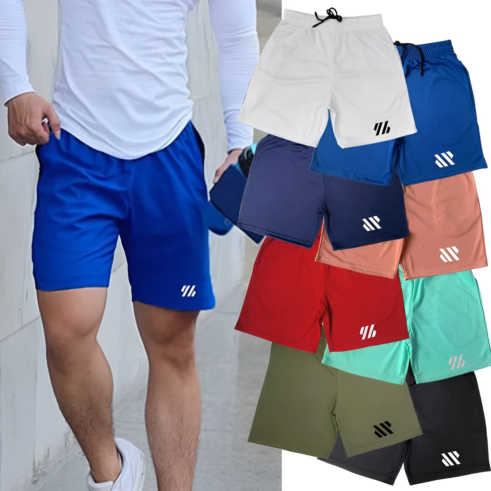 Man's loose-fit metal silk sports shorts in blue, shown flat, suitable for summer running and athletics.