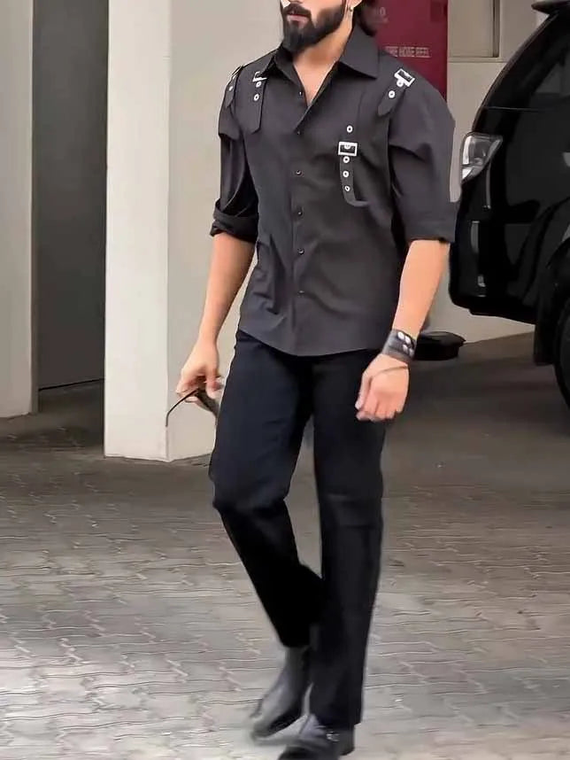 Men's black utility style button-up shirt with regular fit and polyester construction