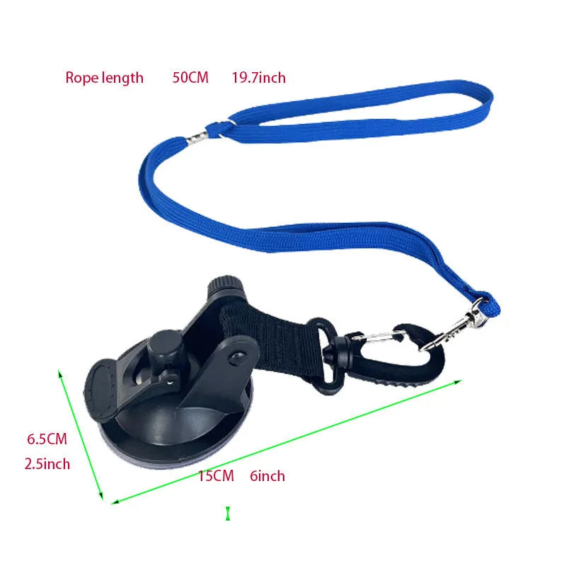 Pet bathing restraint kit showing four adjustable handcuffs with suction cup bases in black and blue colours