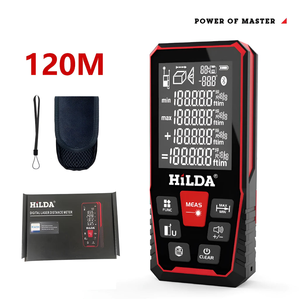 Handheld laser rangefinder for building measurement with plastic housing showing laser point display