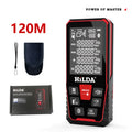 Handheld laser rangefinder for building measurement with plastic housing showing laser point display
