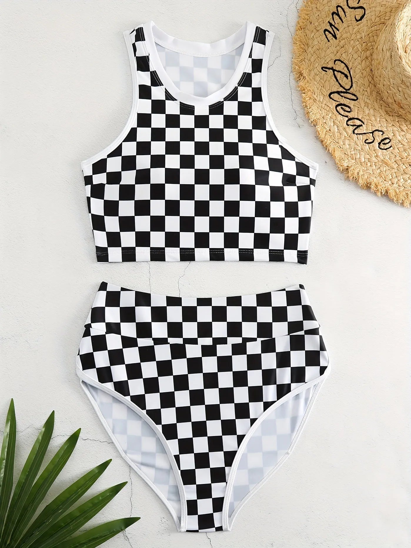 Racing one-piece swimsuit with suspender backless design chessboard plaid pattern polyester sporty style for women