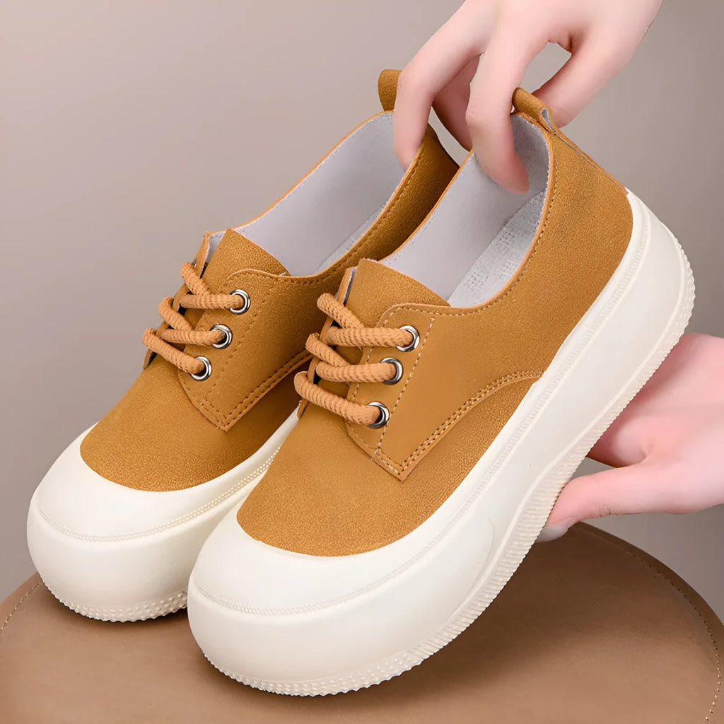 Women's camel suede platform loafers with round toe and lace-up front adding 4cm height