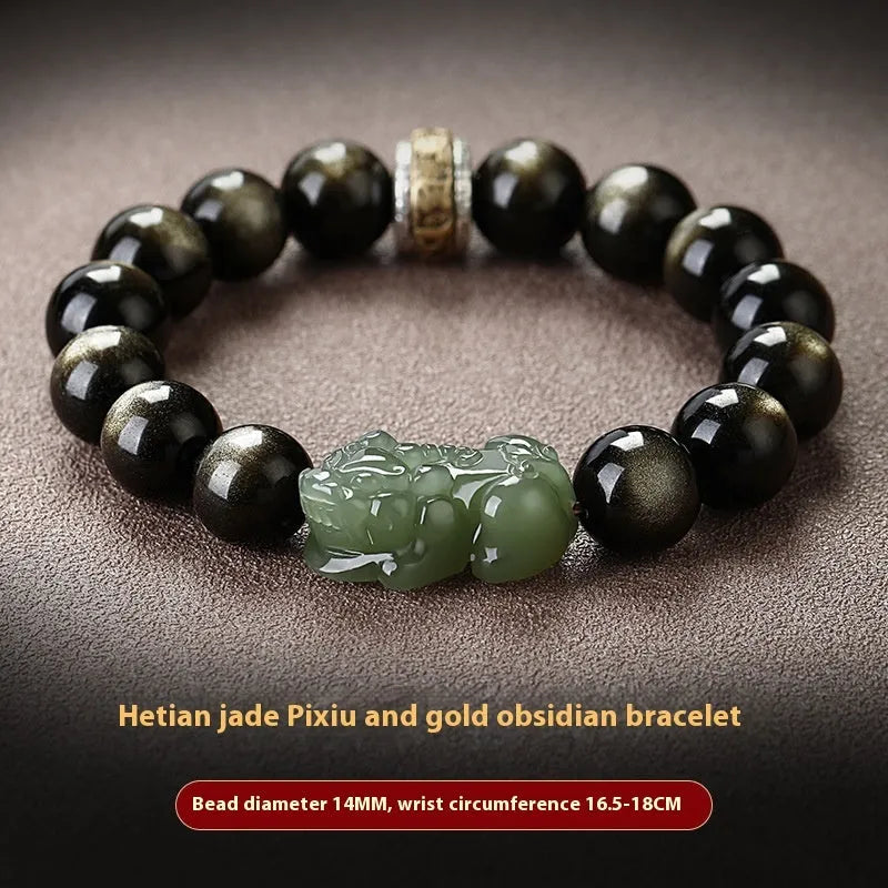 Natural rainbow eye obsidian bracelet with colourful stone beads in gold obsidian or jade pi xiu finish