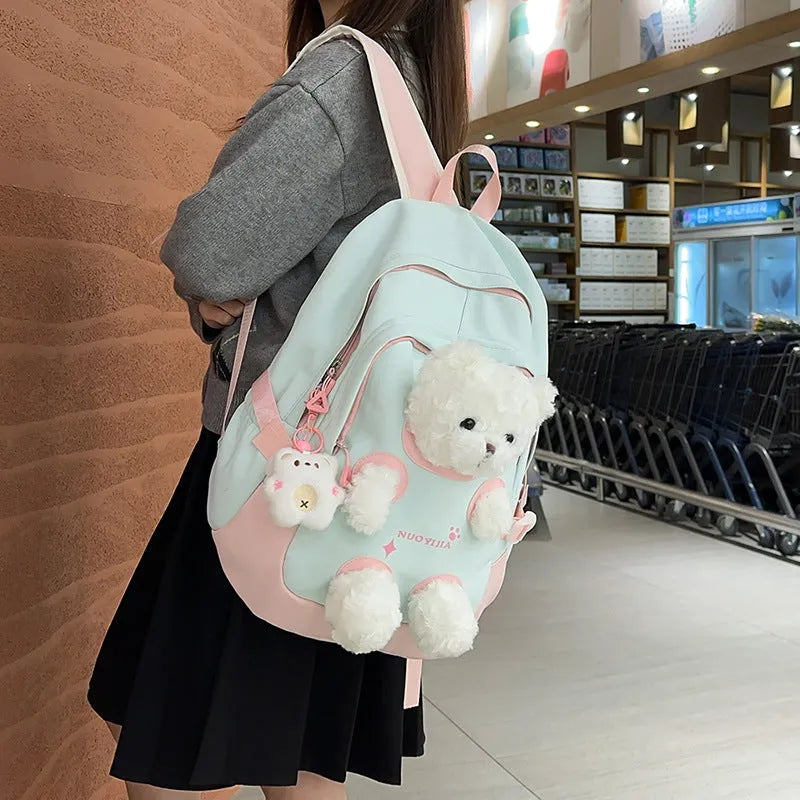 Cute Bear nylon backpack with curved strap in yellow pink macaron colour, 20-35 litre capacity