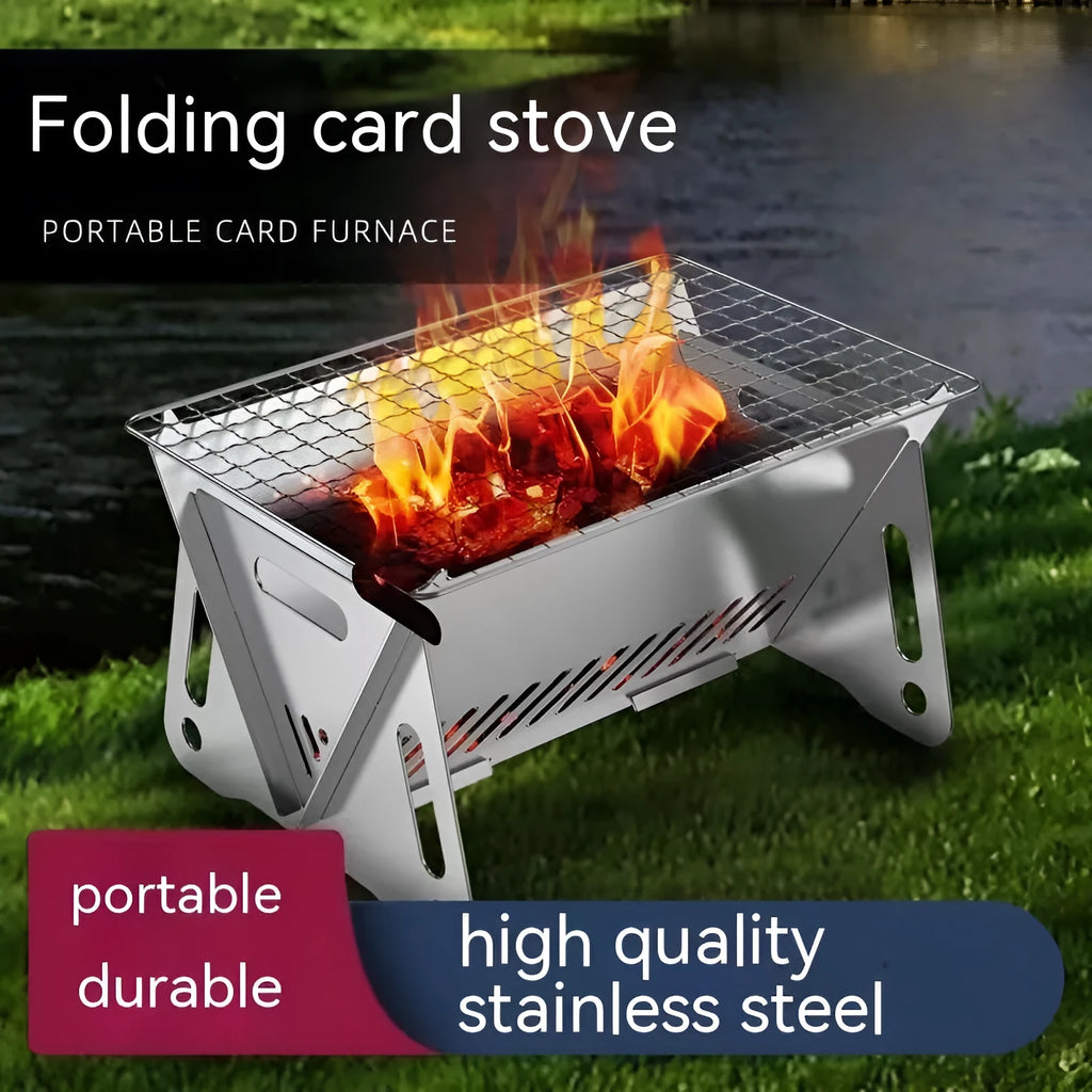 Large stainless steel folding barbecue oven for outdoor cooking, shown with its storage bag.